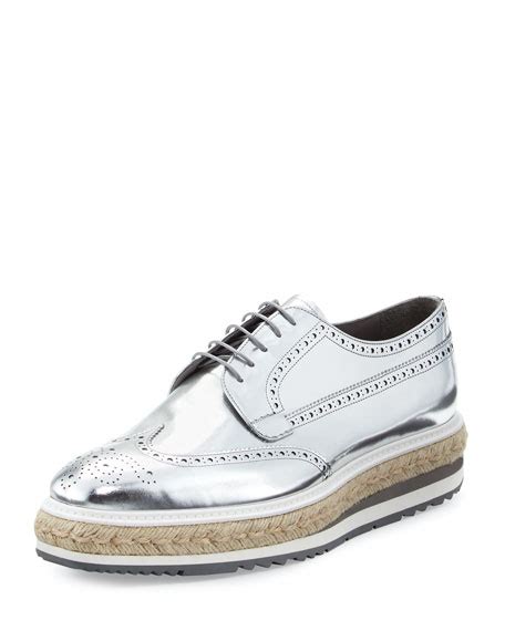 Prada Mens Metallic Leather Brogue Espadrille Creeper, Gray